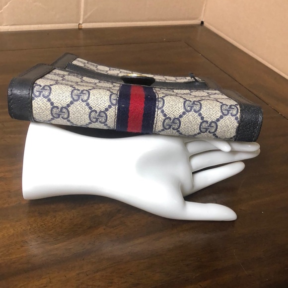 GUCCI GG Ophidia Sherryline Stripe Navy Leather Grey Coated Canvas Crossbody Bag - Picture 11 of 17